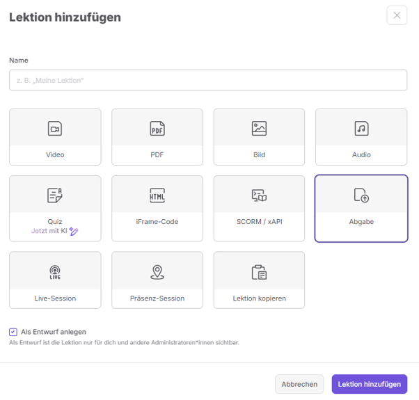 Abgabe Lektion erstellen
