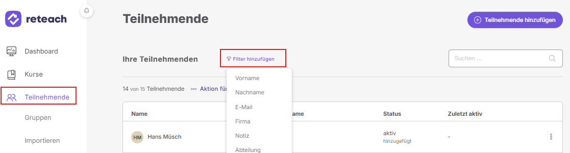 Teilnehmende filtern