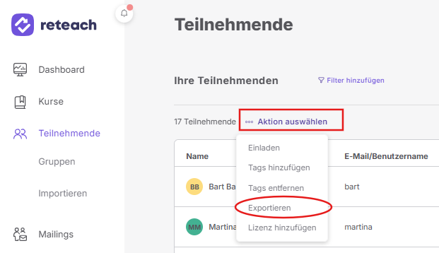 aktion exportieren