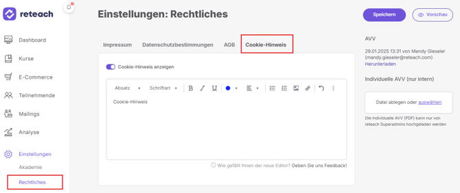 Einstellungen Rechtliches