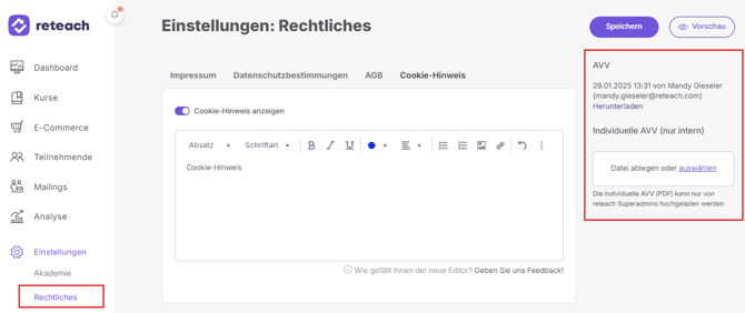 Einstellungen Rechtliches AVV