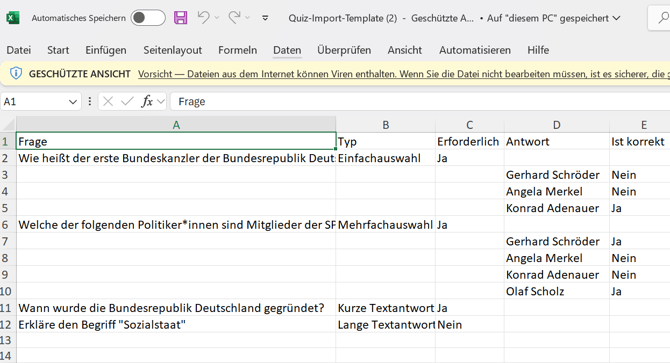 Excel Quiz template