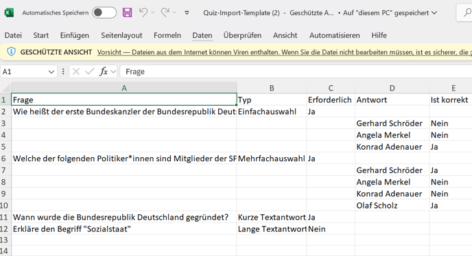 Excel Quiz template