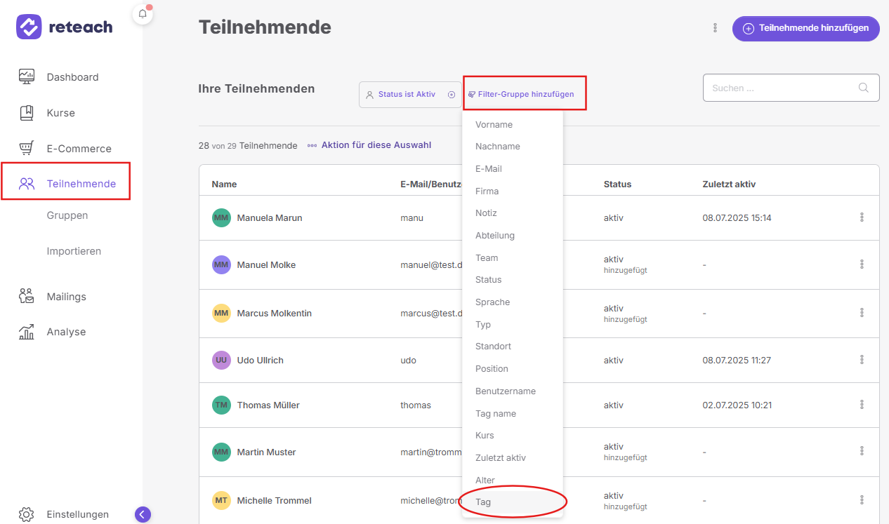 Teilnehmende filtern
