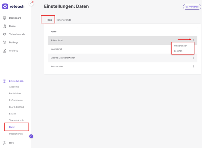 Tag aus den Einstellungen löschen