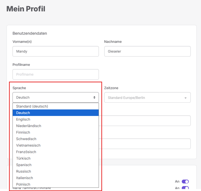 Admin Sprache anpassen