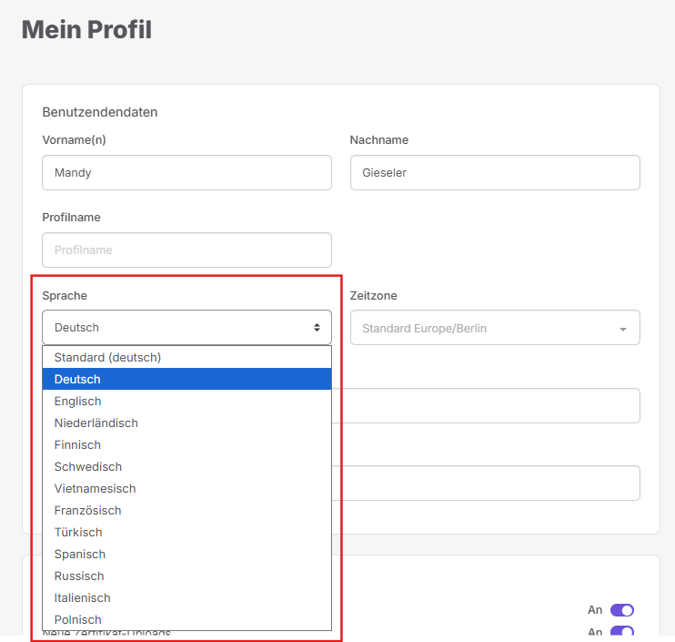 Admin Sprache anpassen