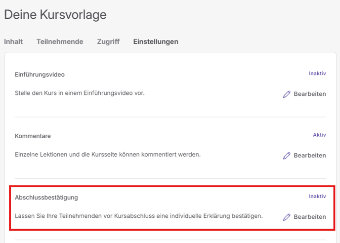 Kursvorlage Abschlussbestätigung