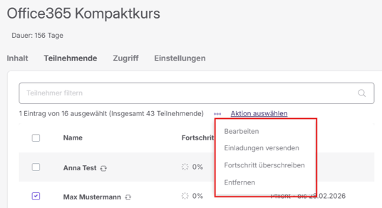 Aktion auswählen- Fortschritt überschreiben