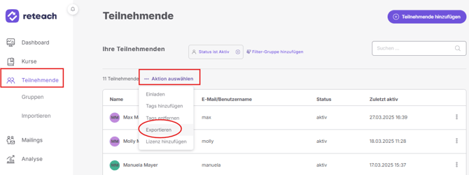 Teilnehmende exportieren