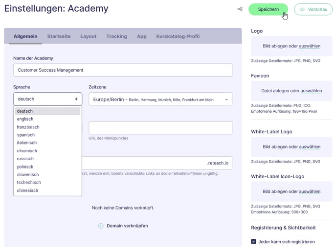 Sprache für Akademie auswählen