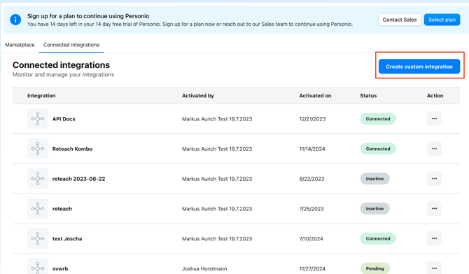 Create Custom Integration in Personio